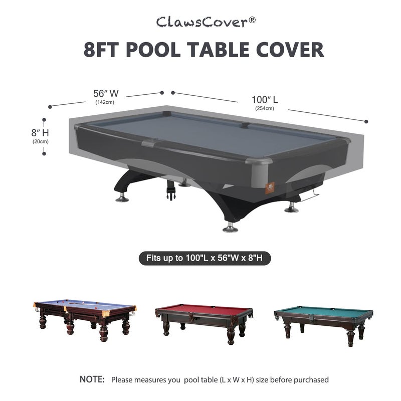ClawsCover Pool Table Cover 8 Feet,Heavy Duty 600D Canvas Cloth,8 Foot Billiards Table Covers,Waterproof Tear-Resistant Scratch-Proof,Indoor Outdoor Protection Accessories, 100Lx56Wx8H Inch-Light Grey - Image 2